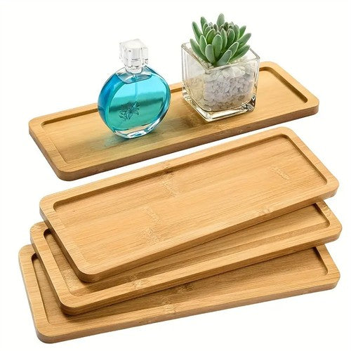 3PCS Bamboo Serving Tray Versatile Round-Edged Vanity Organizer forTea