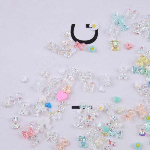 50PCS Aurora Bow/Bear/Butterfly Nail Rhinestone Kawaii Resin Nail Art