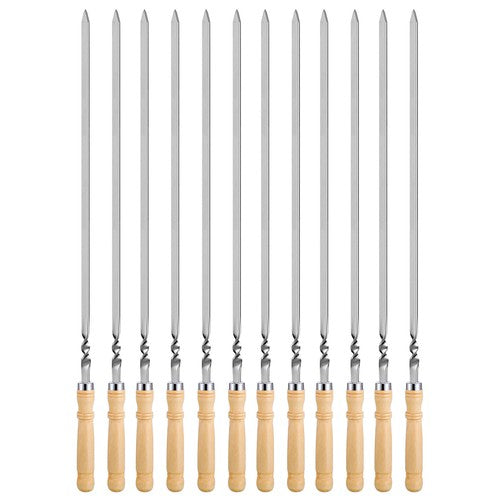 55cm Flat Kebab Skewers Stainless Steel BBQ Meat Stick Barbecue Wooden