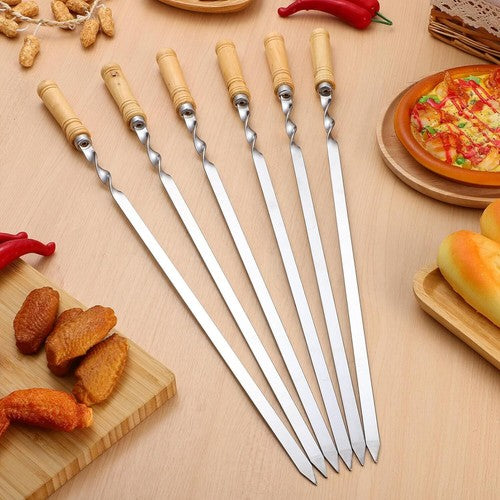 55cm Flat Kebab Skewers Stainless Steel BBQ Meat Stick Barbecue Wooden