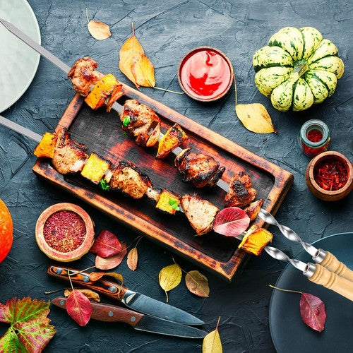 55cm Flat Kebab Skewers Stainless Steel BBQ Meat Stick Barbecue Wooden