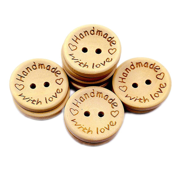 100PCS Natural Wooden Button Craft Sewing DIY Handmade With Love Wooden Buttons
