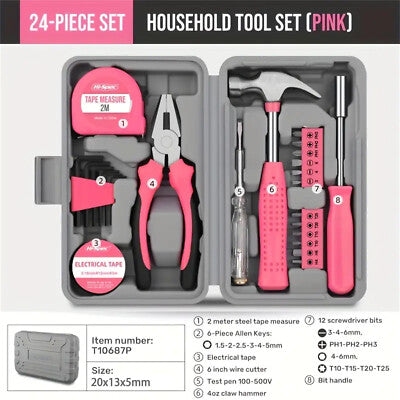 24X Pink Compact Women's Tool Kit Set for Home Office DIY Repairs Port