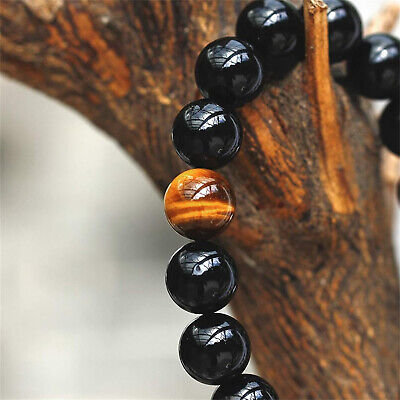12mm Chakra Bracelet Natural Healing Bead Black Obsidian And Tiger Eye