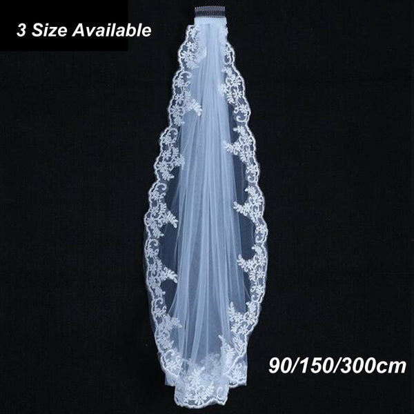 One/Two-tier 90/150/300cm Long Lace White Elbow Length Edge Wedding Bridal Veil