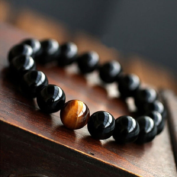 12mm Chakra Bracelet Natural Healing Bead Black Obsidian And Tiger Eye