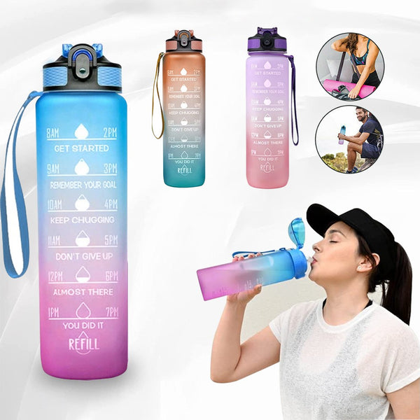 1L Fitness Jugs Straw Time Markings Sports Water Bottle Drink Flask Mo