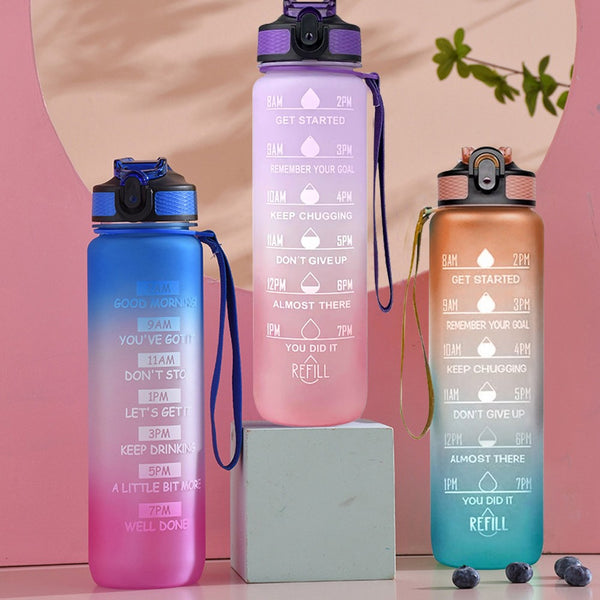 1L Fitness Jugs Straw Time Markings Sports Water Bottle Drink Flask Mo