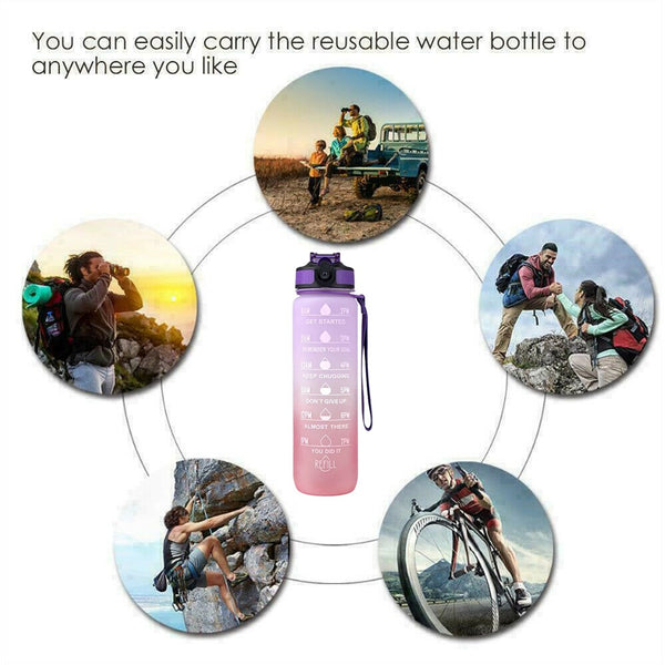 1L Fitness Jugs Straw Time Markings Sports Water Bottle Drink Flask Mo