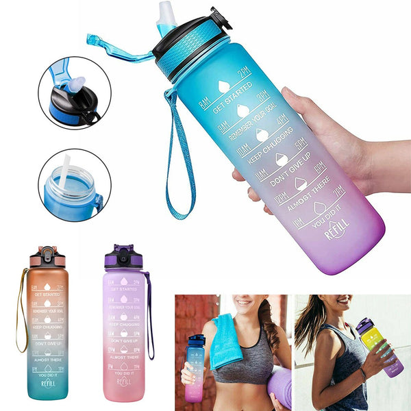 1L Fitness Jugs Straw Time Markings Sports Water Bottle Drink Flask Mo