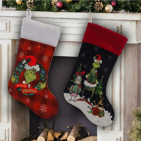 Christmas Stocking Candy Bag Stockings Hanging Ornament Grinch Socks D