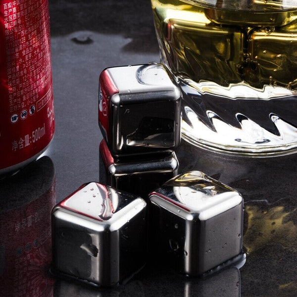 Stainless Steel Whiskey Stones x 8 Ice Cubes With Tong Reusable Cooling Ice Cube