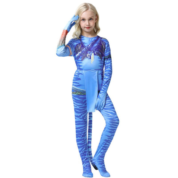 Child modelling blue Avatar alien costume for Halloween and school book week
