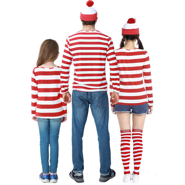 Women Men Kids Wheres Wally T-shirt Glasses Hat Socks Christmas Costume Cosplay