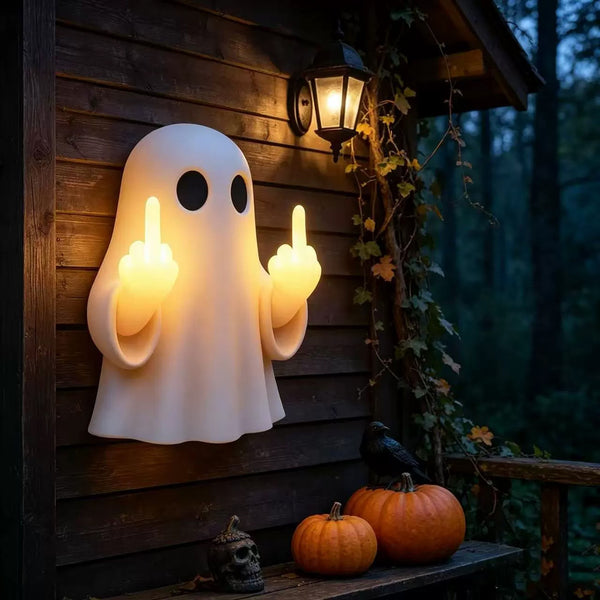 Halloween Ghost Middle Finger Glowing Night Light – Resin Spooky Desk Lamp