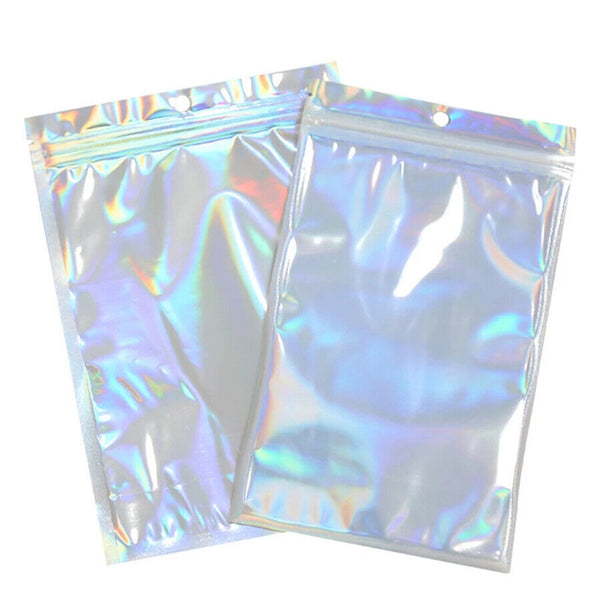 100PCS Rainbow Colour Holographic Storage Pouches Zipper Seal Foil Packaging Bag