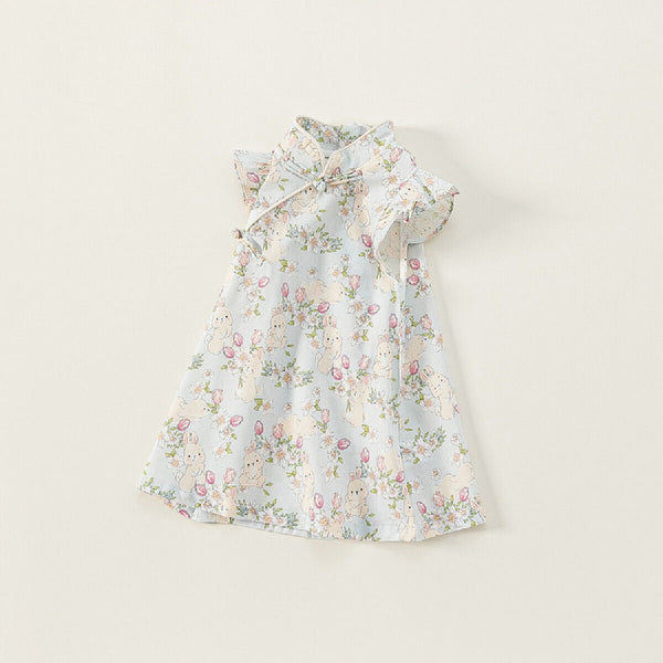 Summer Girls Cheongsam Dress | Stand Collar Flying Sleeve Rabbit Print Qipao