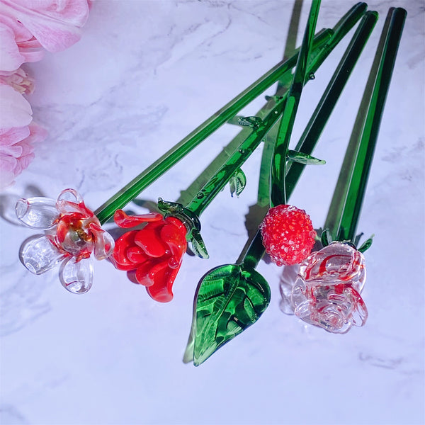 5PCS Glass Flower Figurines Decorative Rose Lotus Bouquet Ornaments Home Décor