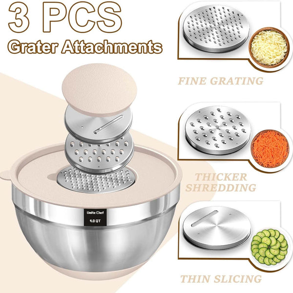 5 Piece Stainless Steel Mixing Bowl Set with Airtight Lids, Graters and Silicone Tongs – Kitchen Prep and Storage Set
