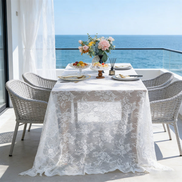 2PCS White Embroidered Lace Tablecloth Rectangle Vintage Floral Table Cover 150x305CM