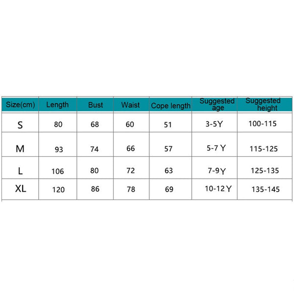 Bo Peep costume kids size chart by age and height