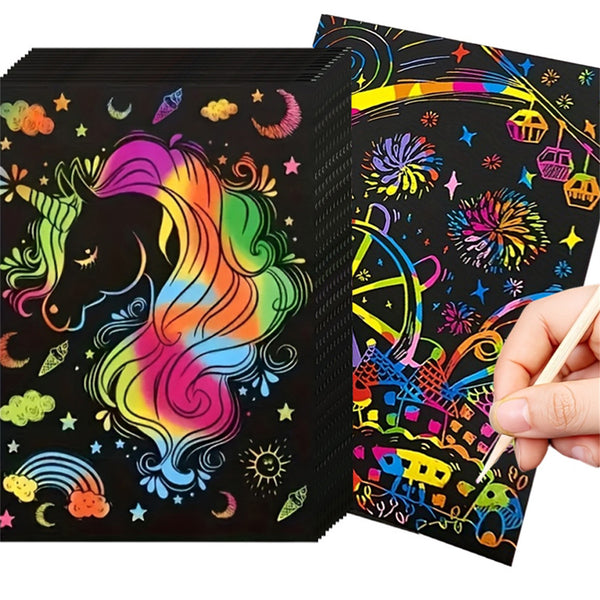 Magic Scratch Paper Art Set Rainbow Drawing Sheets with Wooden Pens