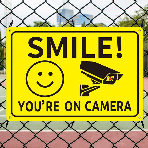 4pcs “Smile You’re on Camera” Metal Sign | Security Warning CCTV Wall Signs