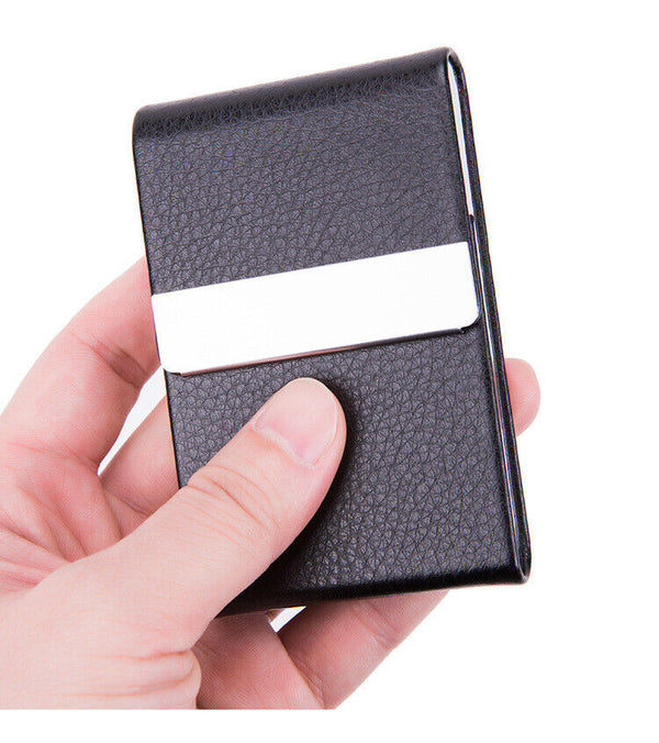 Business Card Holder Case Cover Black Leather Silver Metal Credit Card Magnetic