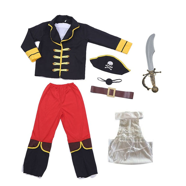Full boys pirate captain costume set with jacket, hat, sword, belt and scarf