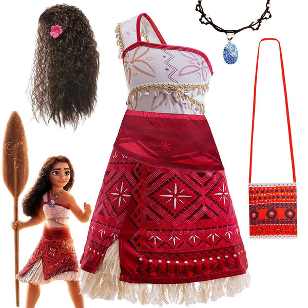 Girls Moana costume island princess dress with necklace, bag and wig accessories