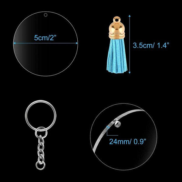 90Pcs Key Ring Clear Acrylic Circle Discs Keychain Blanks Tassel Pendant DIY AU
