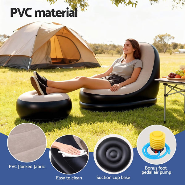 Inflatable Air Chair Sofa with Ottoman Portable Flocking Lounge Couch