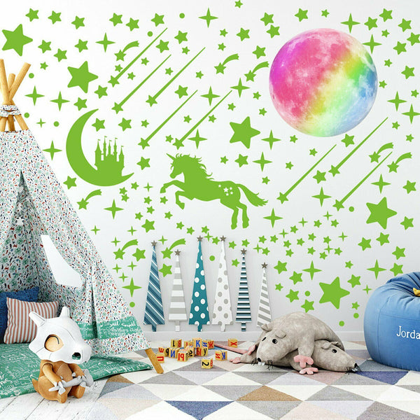 Glow In The Dark Rainbow Moon Stars Unicorn Wall Sticker Kids Room Fun Decor