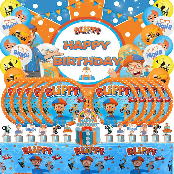 Blippi Party Supplies Tableware Kids Birthday Banner Topper Balloon Plate Bag