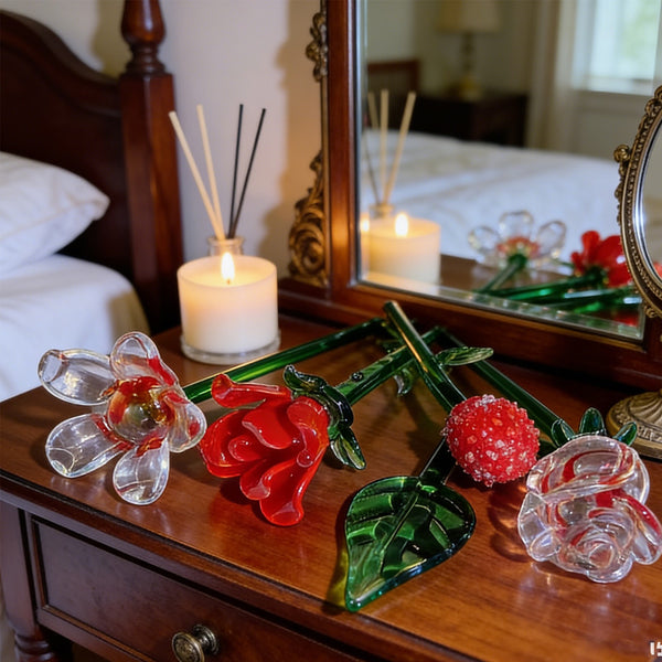 5PCS Glass Flower Figurines Decorative Rose Lotus Bouquet Ornaments Home Décor