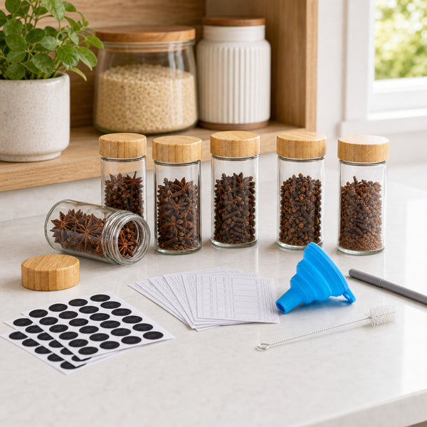 Glass Spice Jars 24 Pack – Airtight Bamboo Lid Spice Jar Set with Labels & Funnel