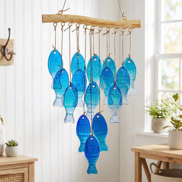 Blue Glass Fish Wind Chime Suncatcher Hanging Garden Patio Outdoor Decor 57CM