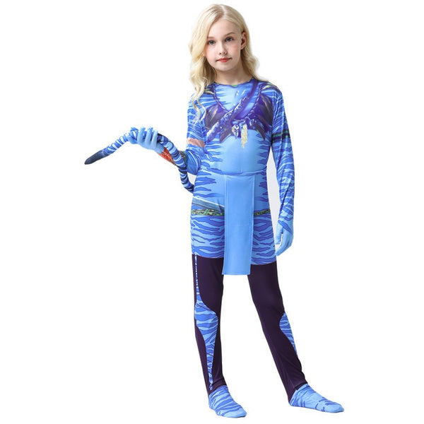 Blue Pandora alien warrior costume for children with printed skin markings