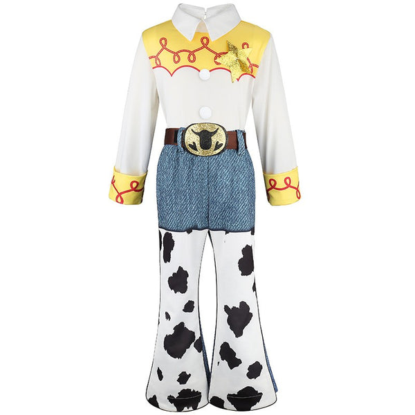 Toy Story Jessie costume front view - white and yellow western shirt with belt buckle print - Lets Party