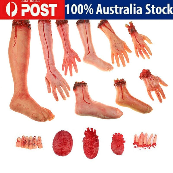 Halloween fake body parts, realistic severed hand and arm props