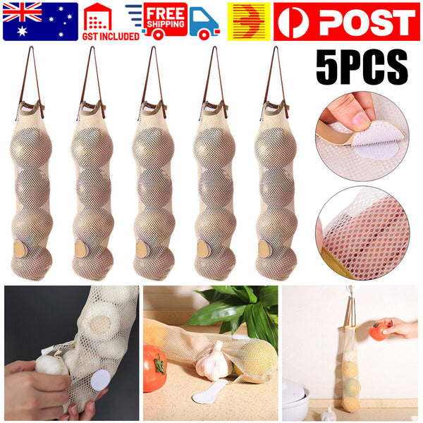 5pcs Vegetable Food Storage Bag Onion Garlic Hanging Bags Breathable Mesh Bag