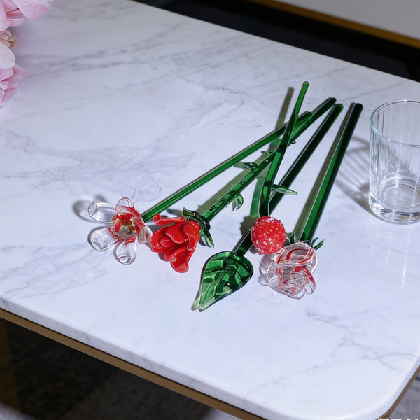 5PCS Glass Flower Figurines Decorative Rose Lotus Bouquet Ornaments Home Décor