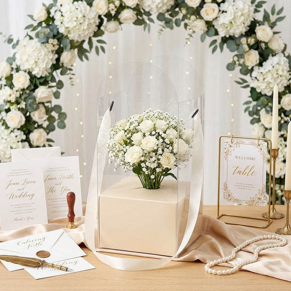 10PCS Clear Flower Gift Boxes Carry Handle Bouquet Packaging Boxes Pink White Beige