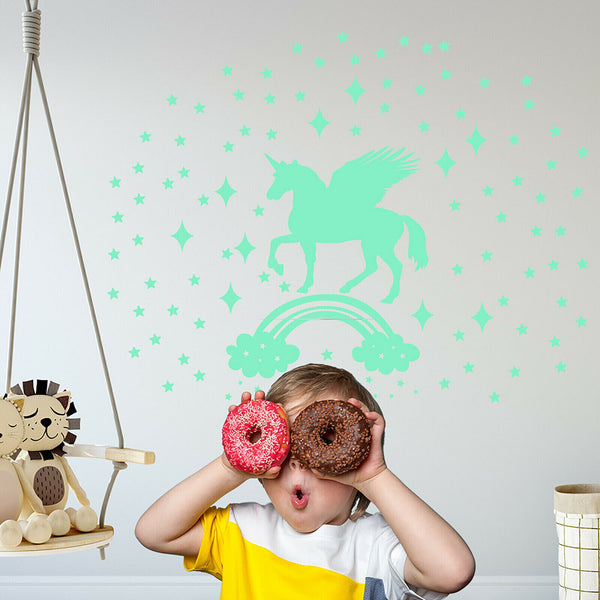 Glow In The Dark Rainbow Moon Stars Unicorn Wall Sticker Kids Room Fun Decor