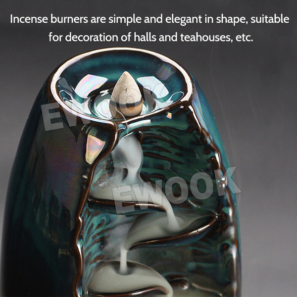 Backflow Ceramic Mountain Waterfall Smoke Incense Burner Cones Holder + 110 Cone