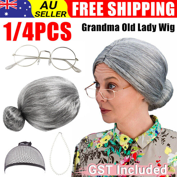 Grandma Old Lady Dress Up Set Granny Costume Wig 4 Pcs Adult & Kid Free Postage