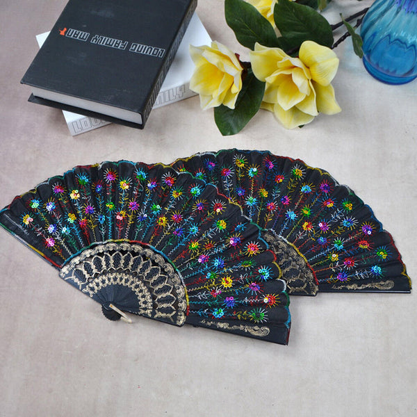 Peacock Hand Fan Sequin for Dance Pattern Wedding Embroidered Folding Party