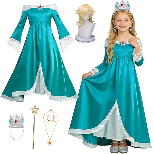 Girl wearing teal Rosalina princess costume with crown, wig and star wand accessories