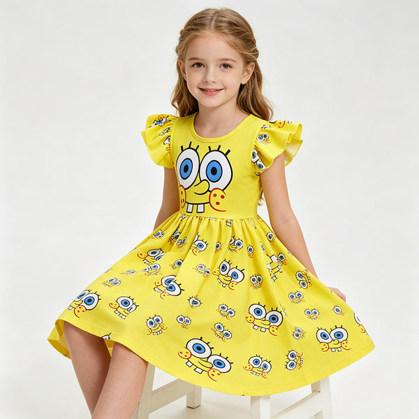 Girl modelling the yellow SpongeBob costume dress for a party