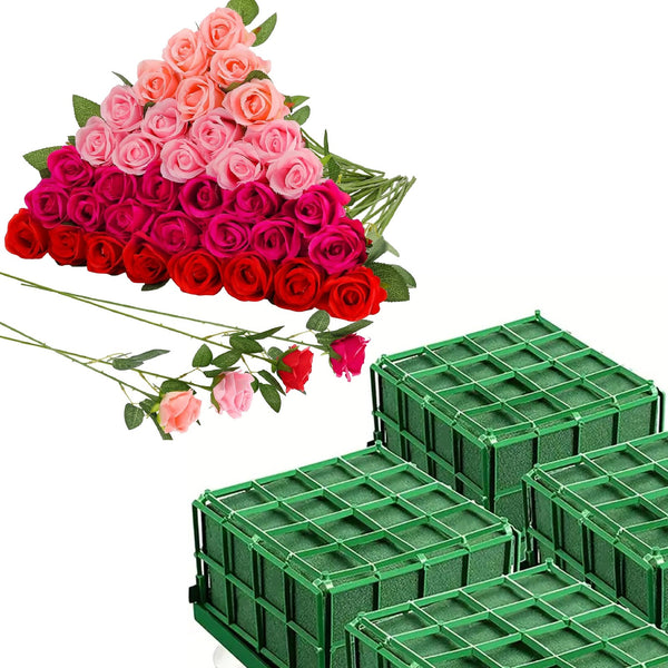 25pcs Artificial Rose Bouquet Set with 2 Floral Foam Holders | Mixed Silk Flower Arrangement Kit